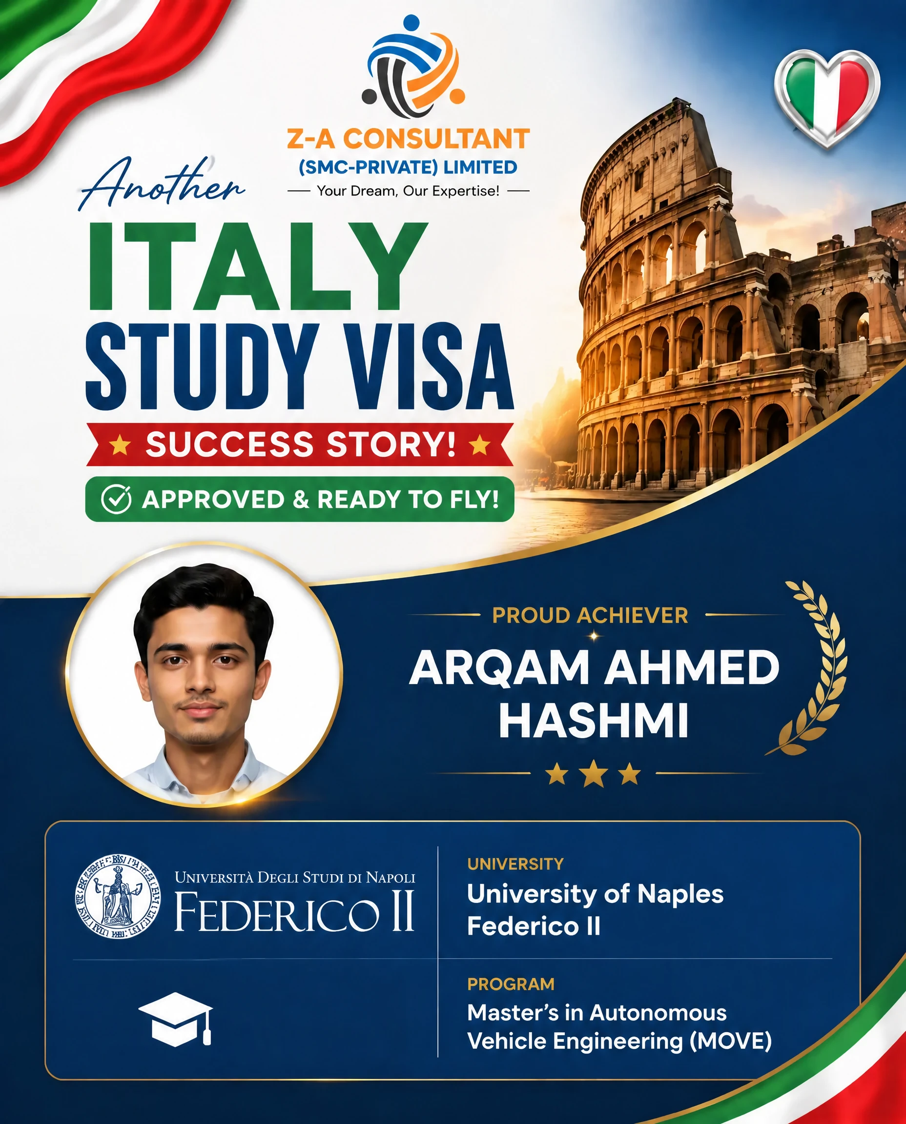 Arqam Ahmed Hashmi Italy study visa success story