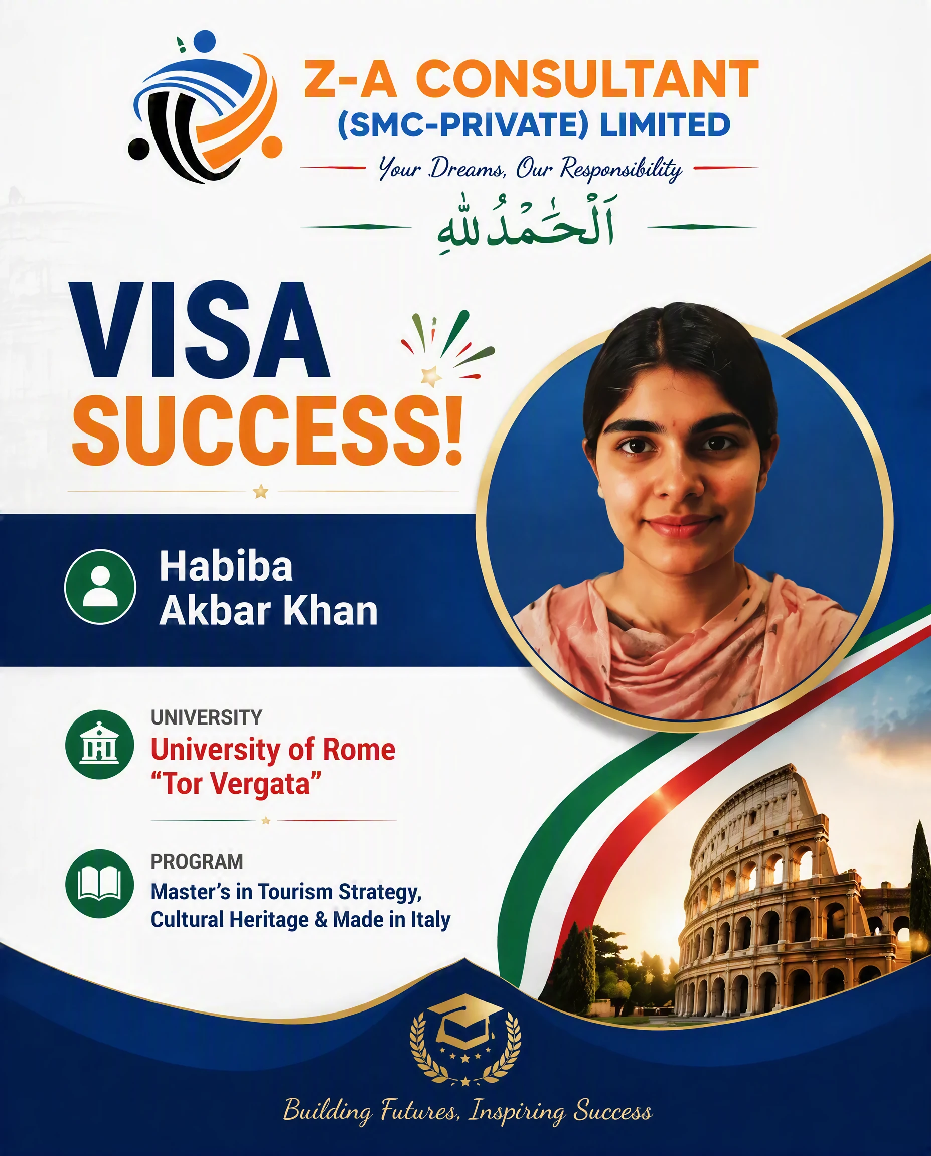 Habiba Akbar Khan Italy study visa success story